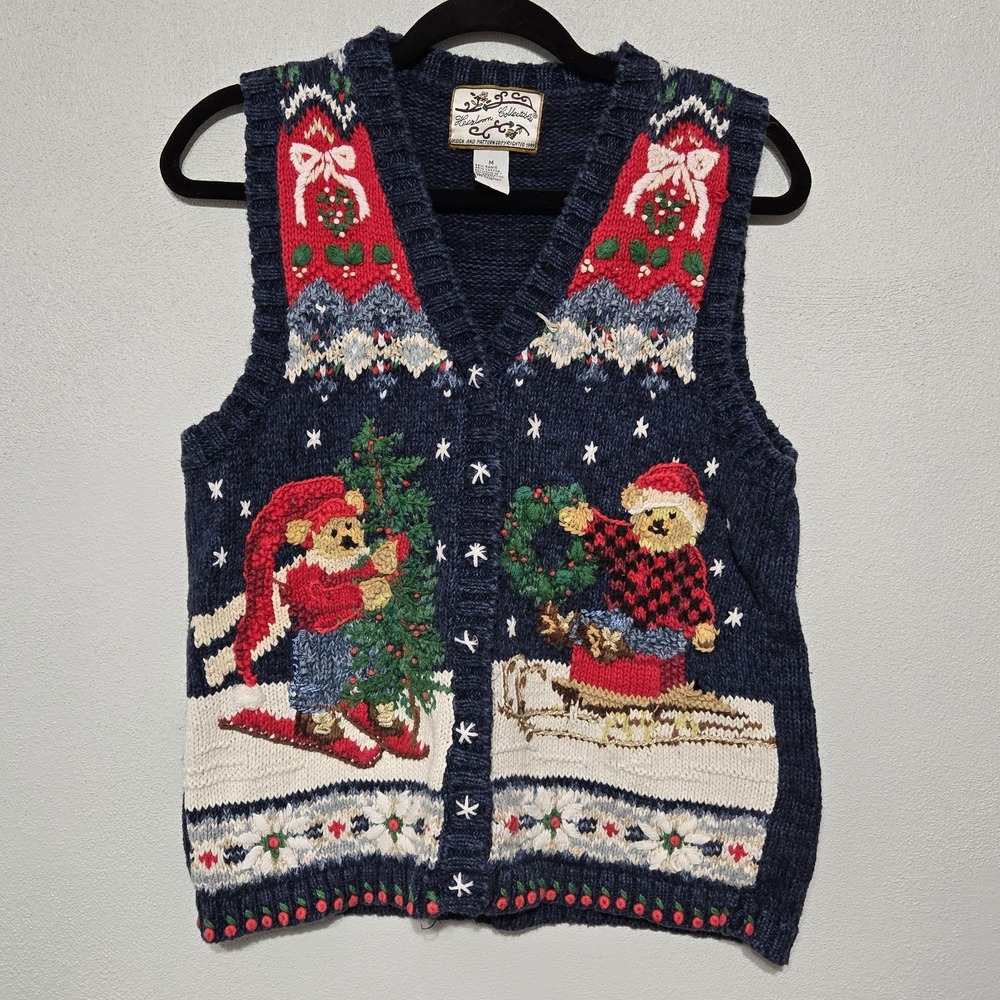 VTG Heirloom Collectibles Ugly Christmas Sweater Vest Women's Medium Teddy Bears